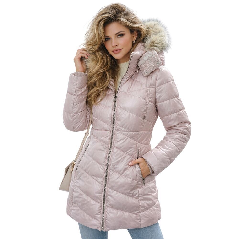 Marc New York Andrew Marc Icy Pink Hooded Puffer Coat Faux Fur Trim L